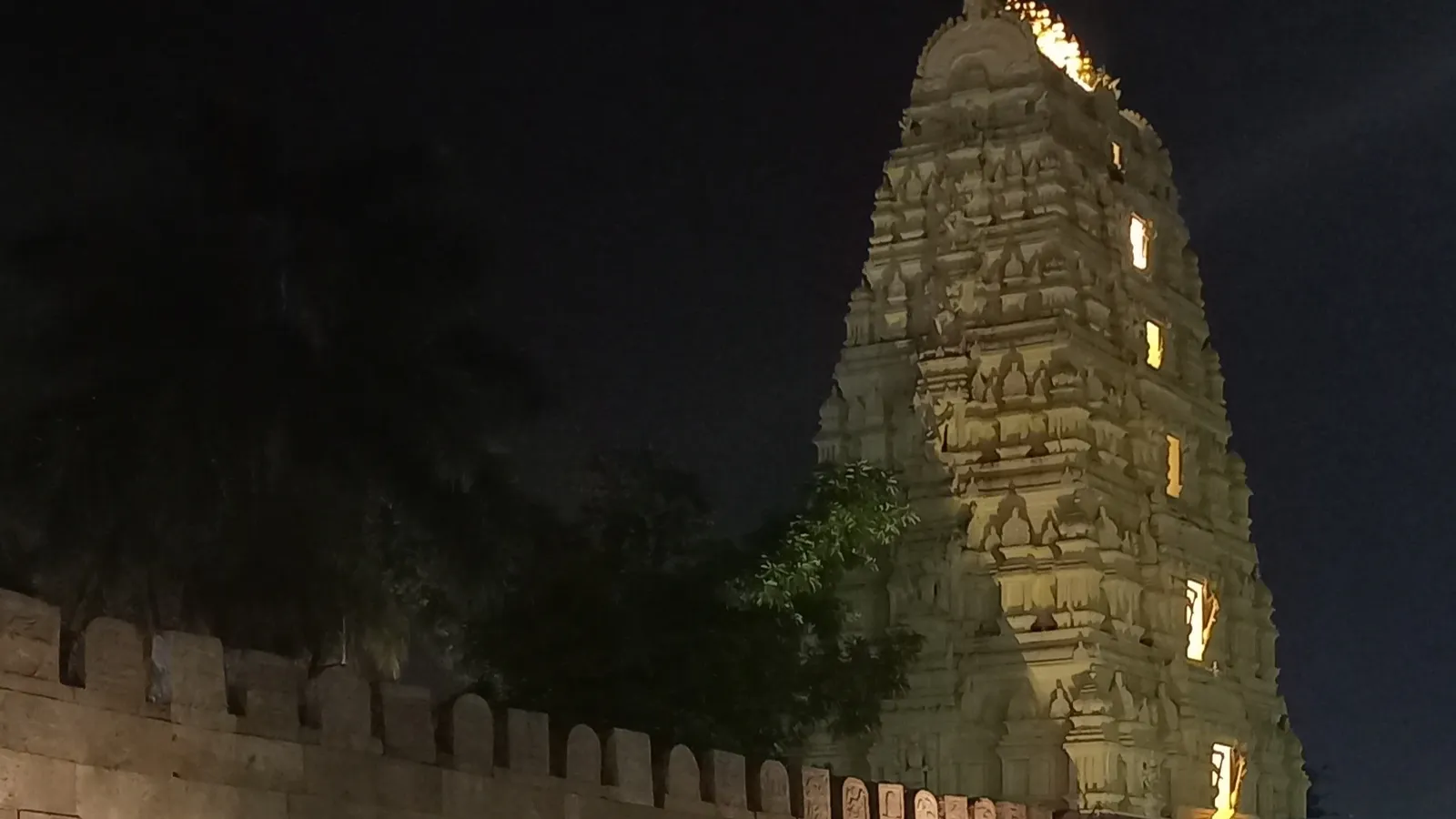 Illuminated south gopuram of the Mallikarjuna Jyotirlinga temple at Srisailam at night