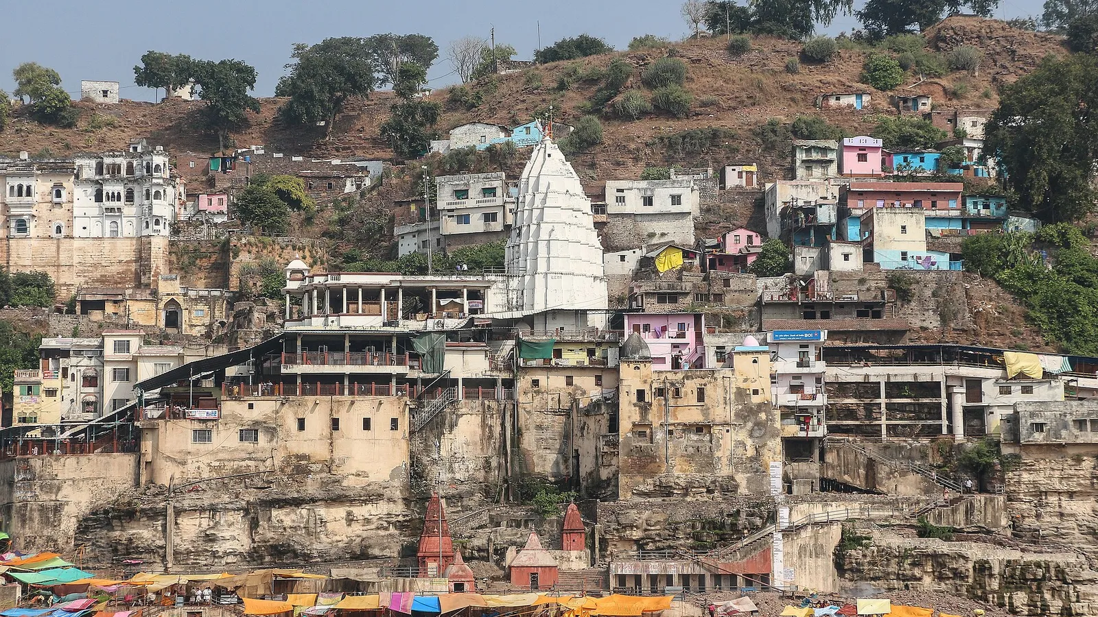 Omkareshwar Jyotirlinga temple on Mandhata Island, viewed from the Narmada river